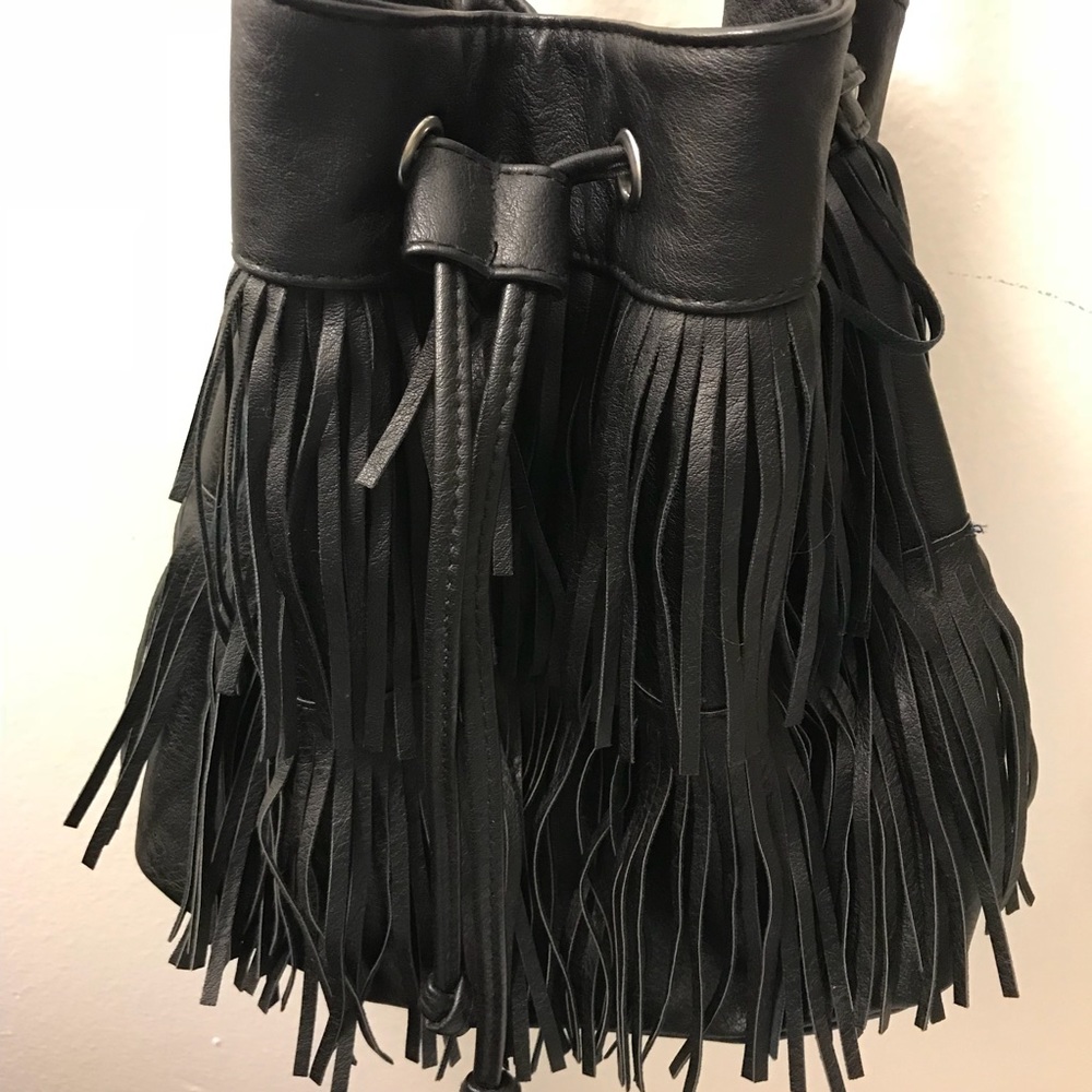 leather fringed medium sized bucket bag